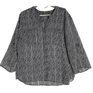 Covington Tunic Blouse Women XL Black White Sheer Long Sleeves Roll Tab Sleeves